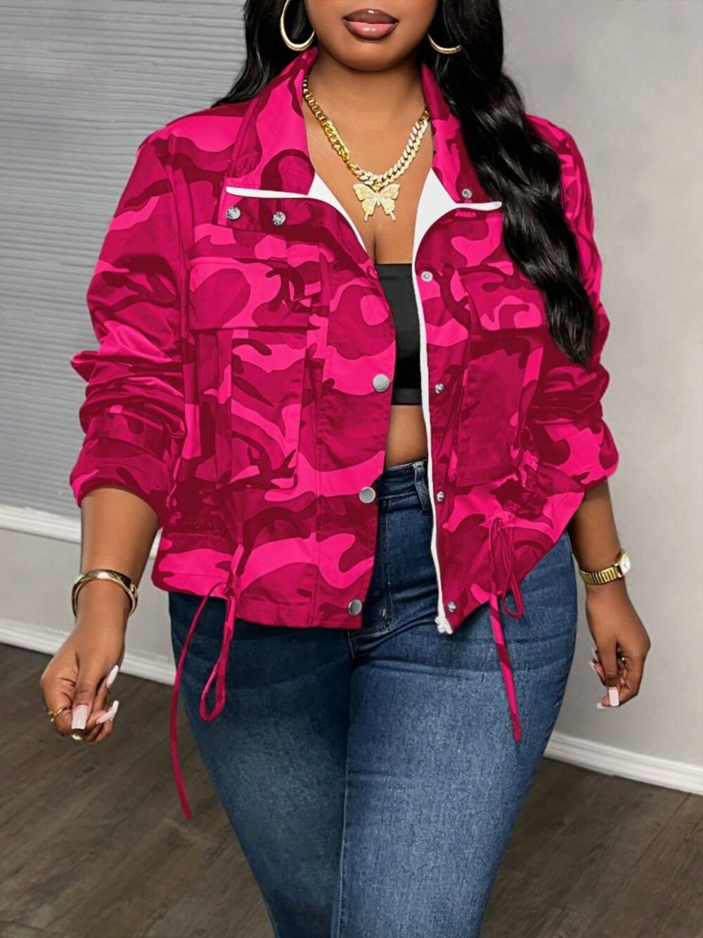 Hot Pink Casual Women's Plus Size Camouflage Print Drawstring Hem Jacket